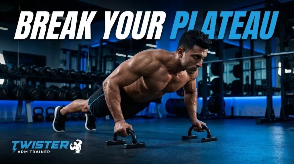 Blog thumbnail for Twister Arm Trainer featuring a muscular man performing push-ups using ergonomic parallette bars in a gym with blue lighting, with text overlay: "Break Your Plateau."