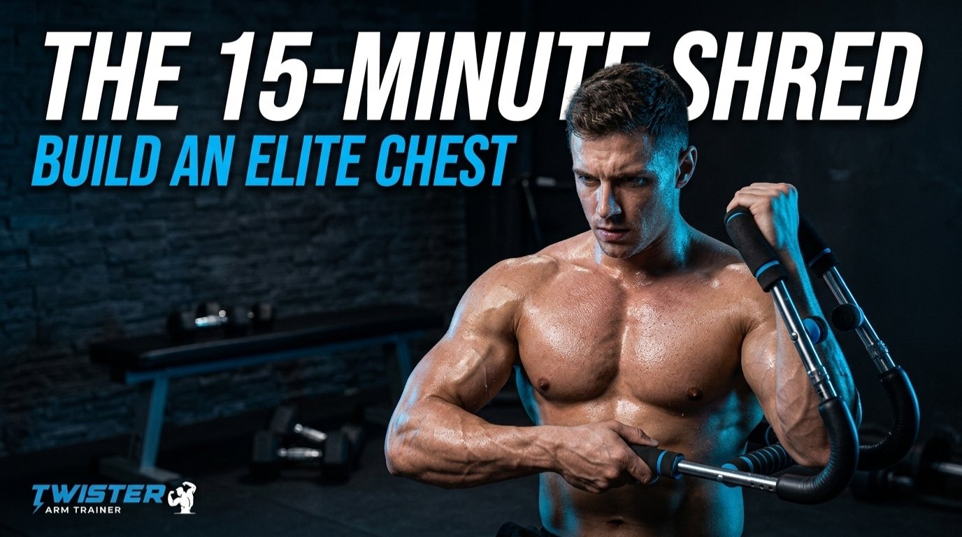 Blog thumbnail for Twister Arm Trainer featuring a muscular man working out in a gym, with text overlay: "The 15-Minute Shred: Build an Elite Chest."