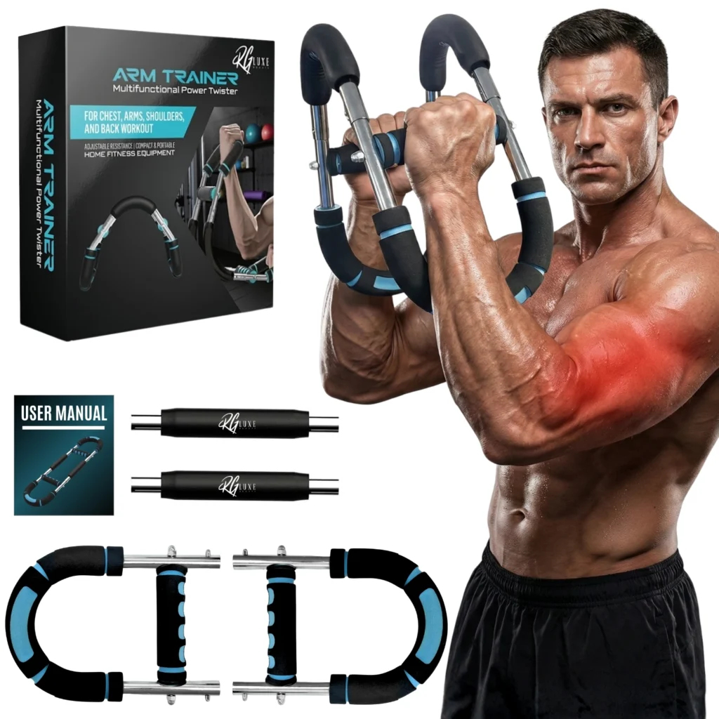 Complete product kit for the RG Luxe Arm Trainer including the multifunctional power twister device, premium branded packaging, detachable extension bars, and a comprehensive user manual.