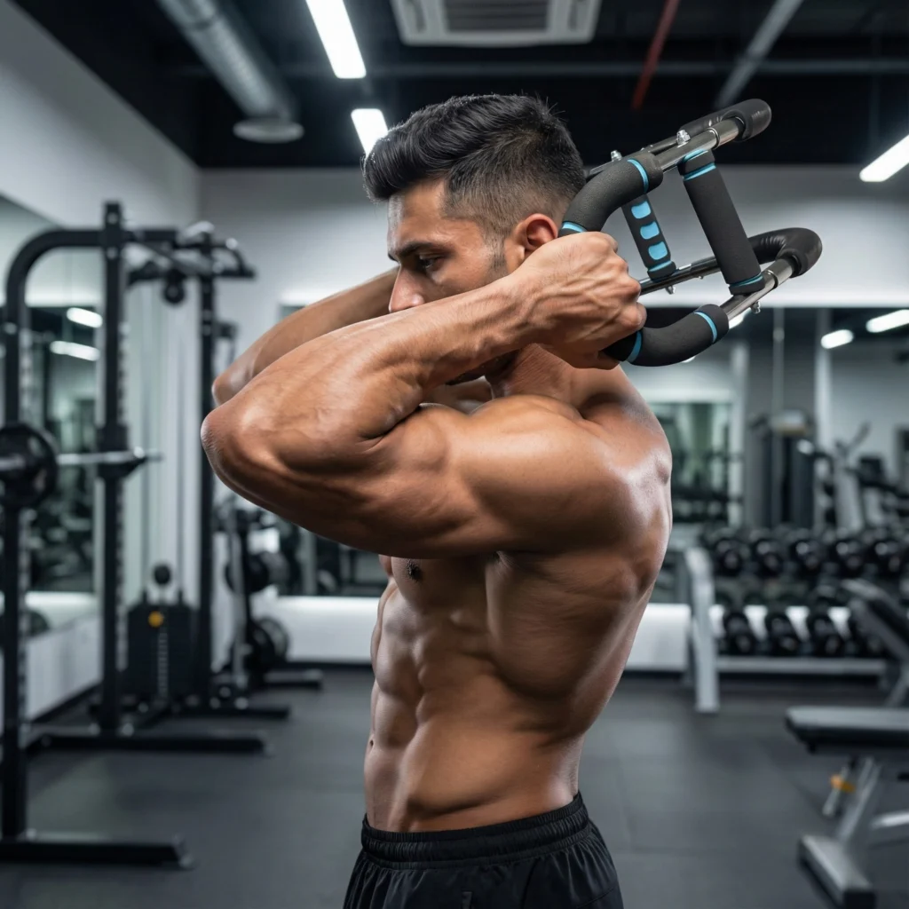 Muscular man performing a behind-the-head back extension using the RG Luxe arm twister to target upper back and shoulder muscles.