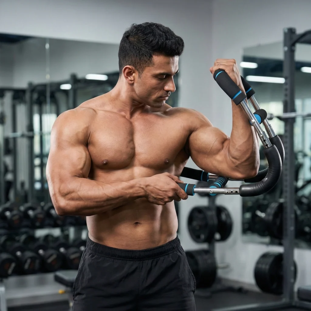 Muscular man performing a concentrated biceps curl using the RG Luxe arm twister in a gym setting.
