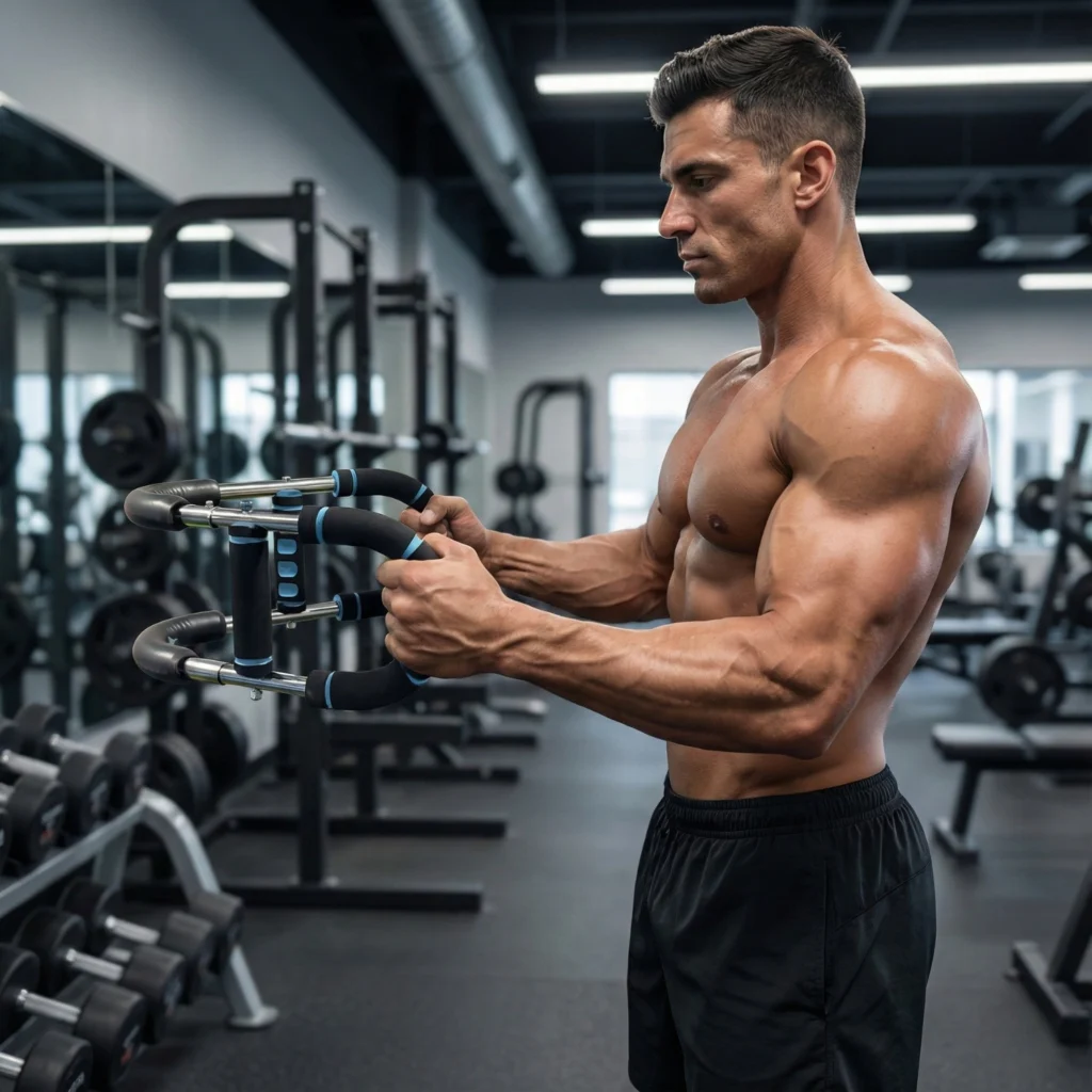 Muscular man performing a horizontal chest press exercise using the RG Luxe arm twister in a gym to target pectoral muscle definition and strength.