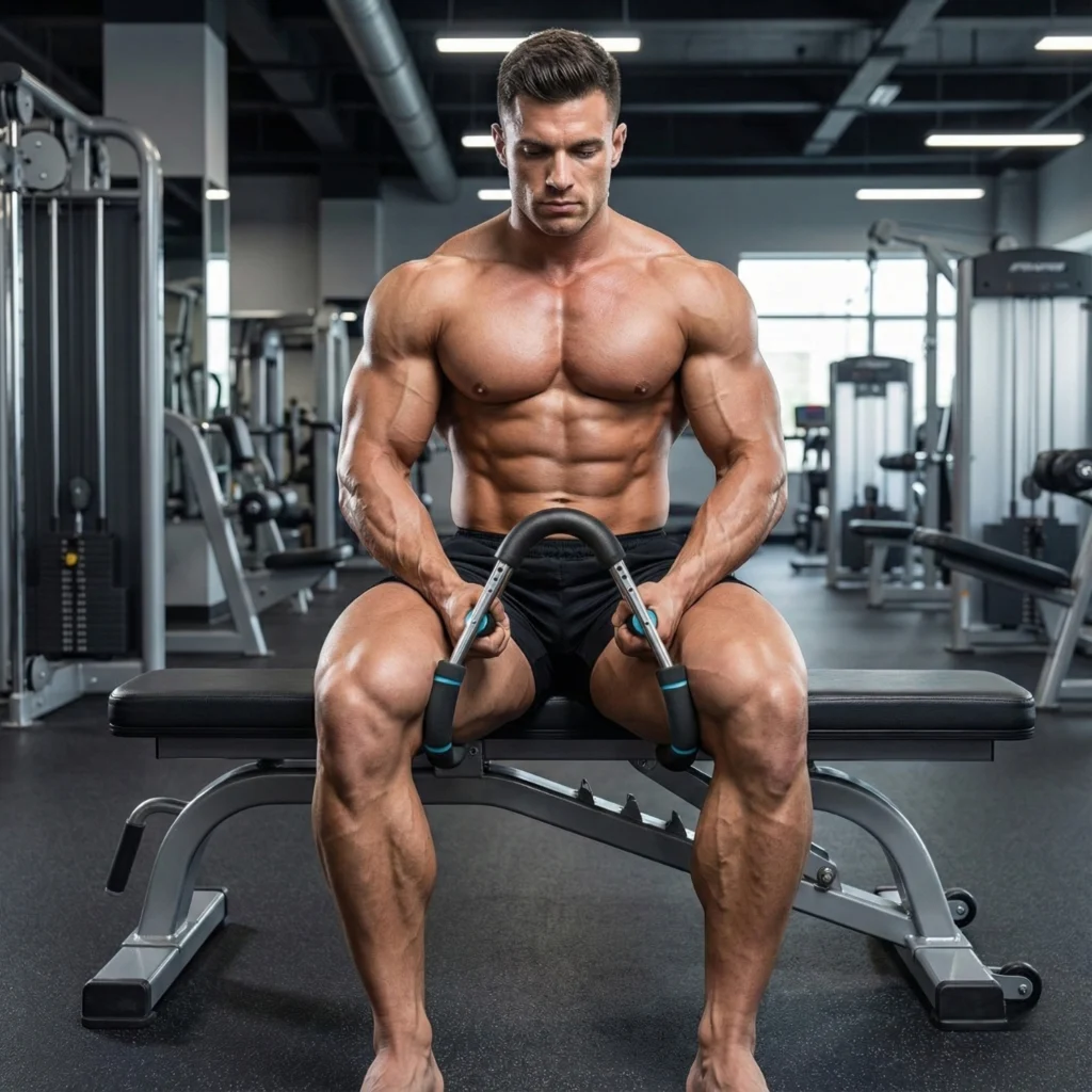 Muscular man sitting on a gym bench using the RG Luxe arm twister between his thighs to perform seated leg adductor squeezes for lower body toning.